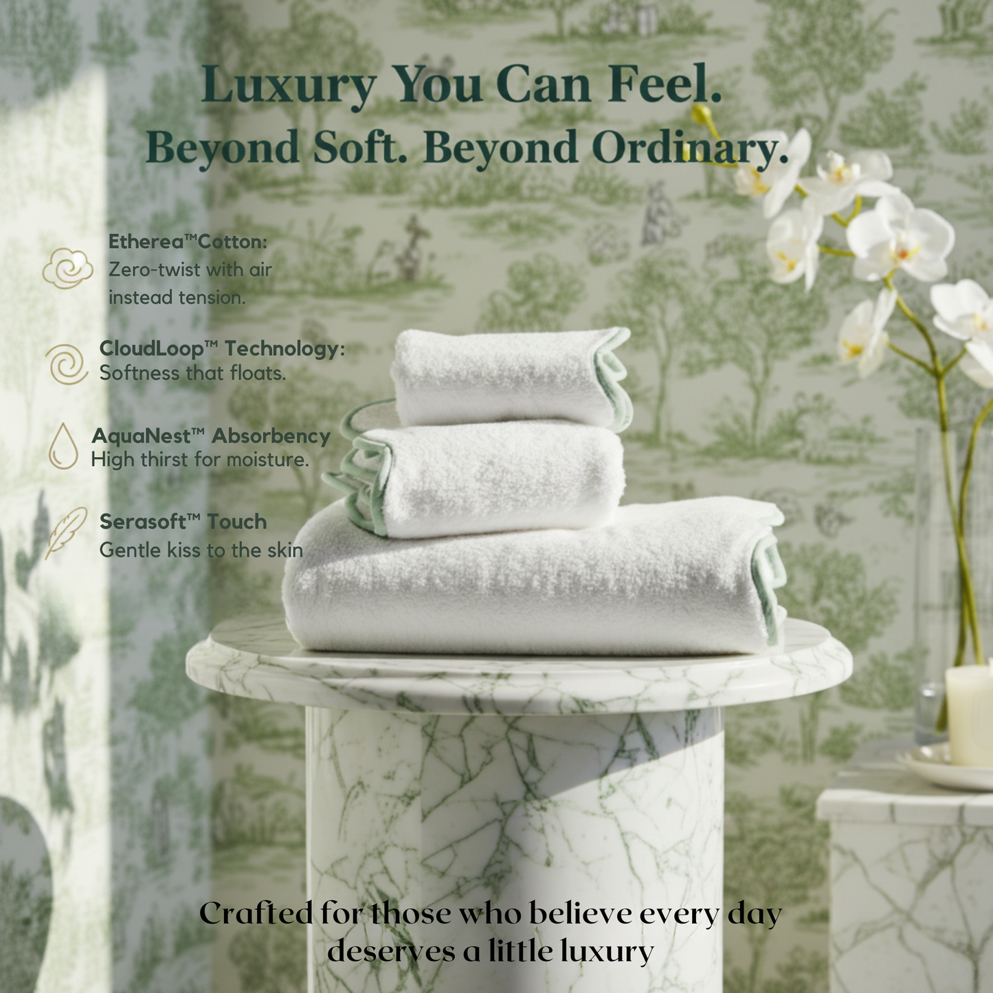 Luxury lovers' cotton hand towels with green scallop piping for cloud-soft everyday indulgence - Lotus Linen
