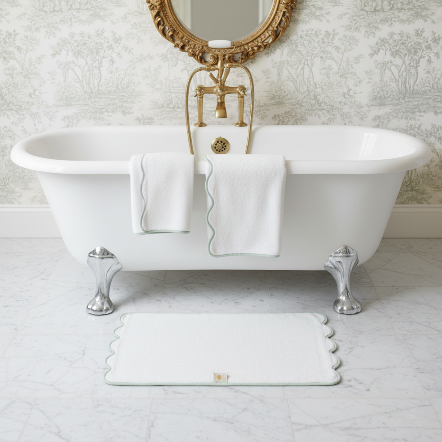 Elegant white scallop-piped hand towels draped over clawfoot tub for spa-quality comfort at home - Lotus Linen