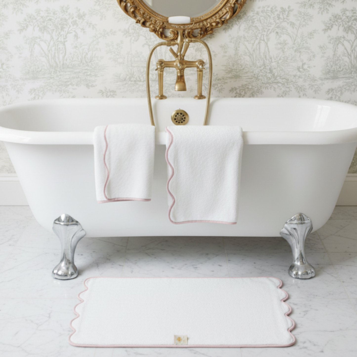 Elegant white scallop-piped hand towels draped over clawfoot tub for spa-quality comfort at home - Lotus Linen