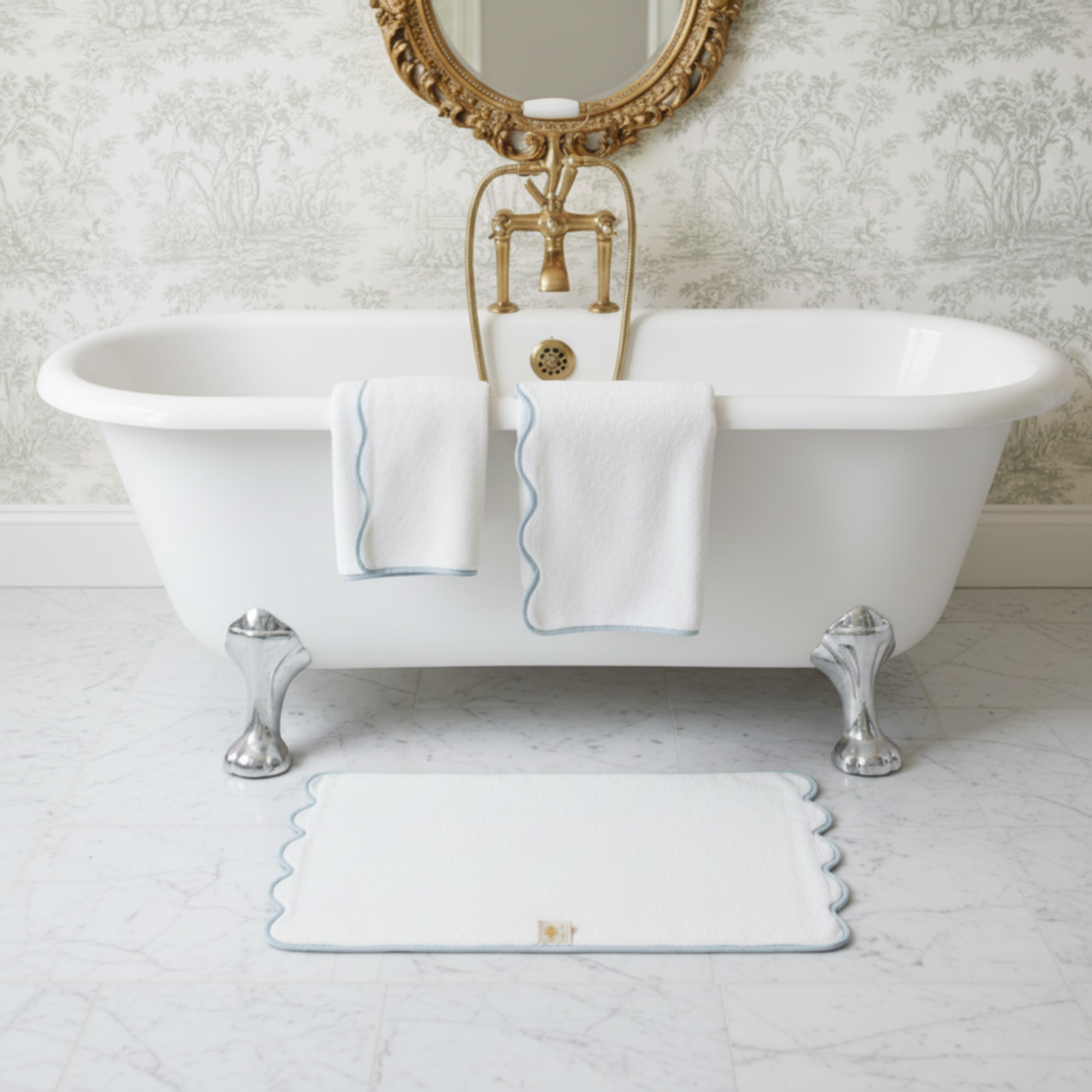 White scallop-piped luxury bath towel set with light blue trim draped over clawfoot tub for spa-worthy softness - Lotus Linen