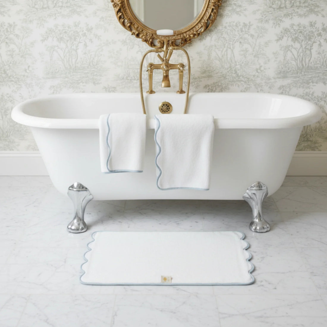 Luxury lovers' oversized scallop-edged bath sheet in white with soft blue piping for effortless spa-quality comfort - Lotus Linen