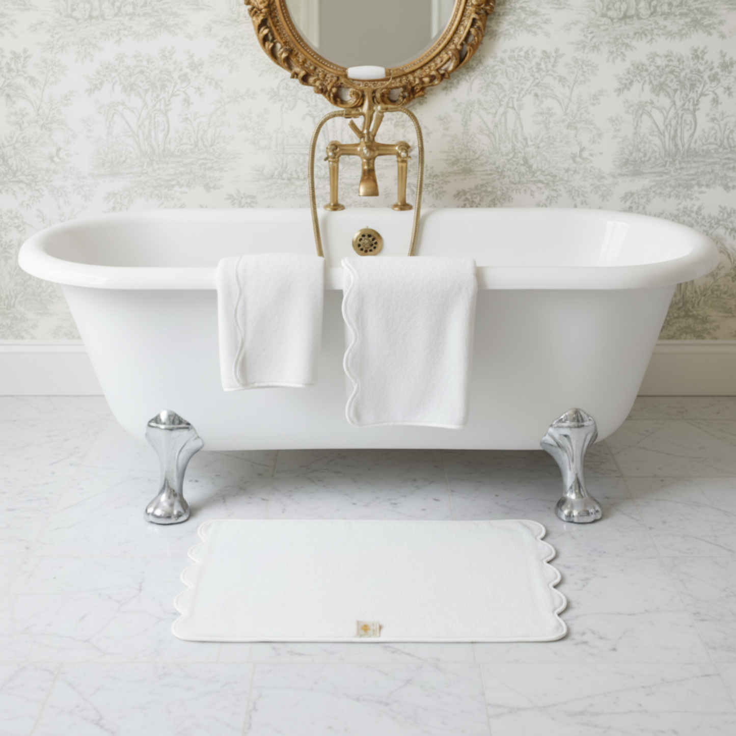 Elegant white scallop-piped cotton hand towels draped over a clawfoot tub for indulgent spa-quality comfort - Lotus Linen