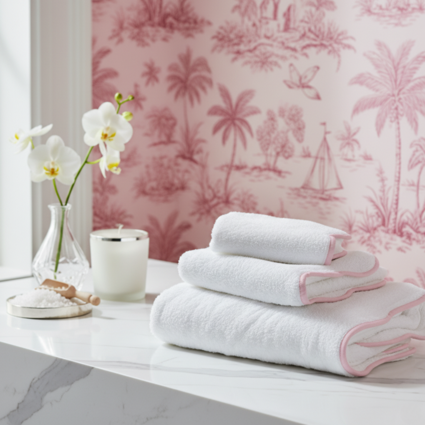 Luxury lovers' oversized scallop piping bath sheet in white with blush trim for spa-quality comfort at home - Lotus Linen