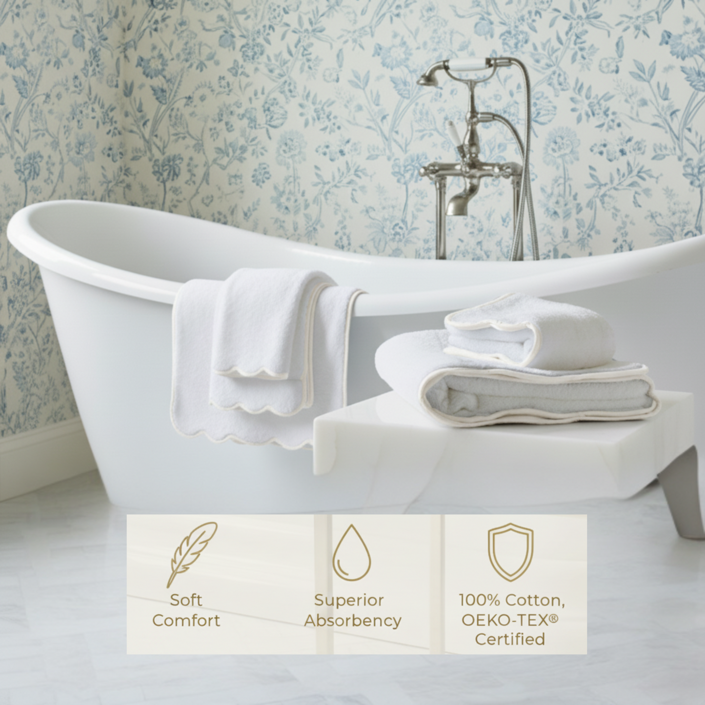 Spa-lovers' scallop-piped cotton hand towels in crisp white for indulgent softness and everyday elegance - Lotus Linen
