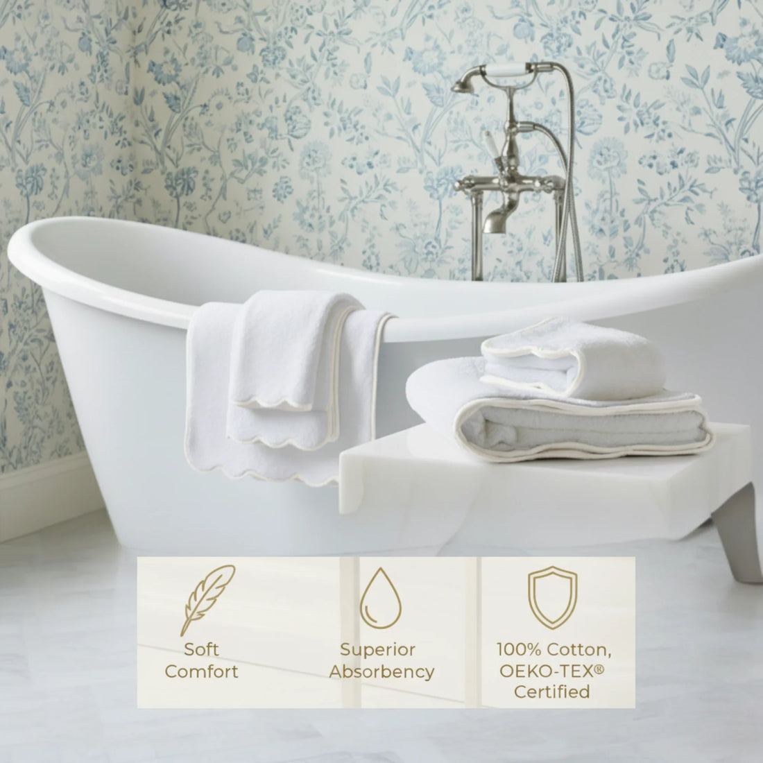 Luxury white scallop-piped cotton bath mat draped over clawfoot tub for spa-quality softness and everyday indulgence - Lotus Linen