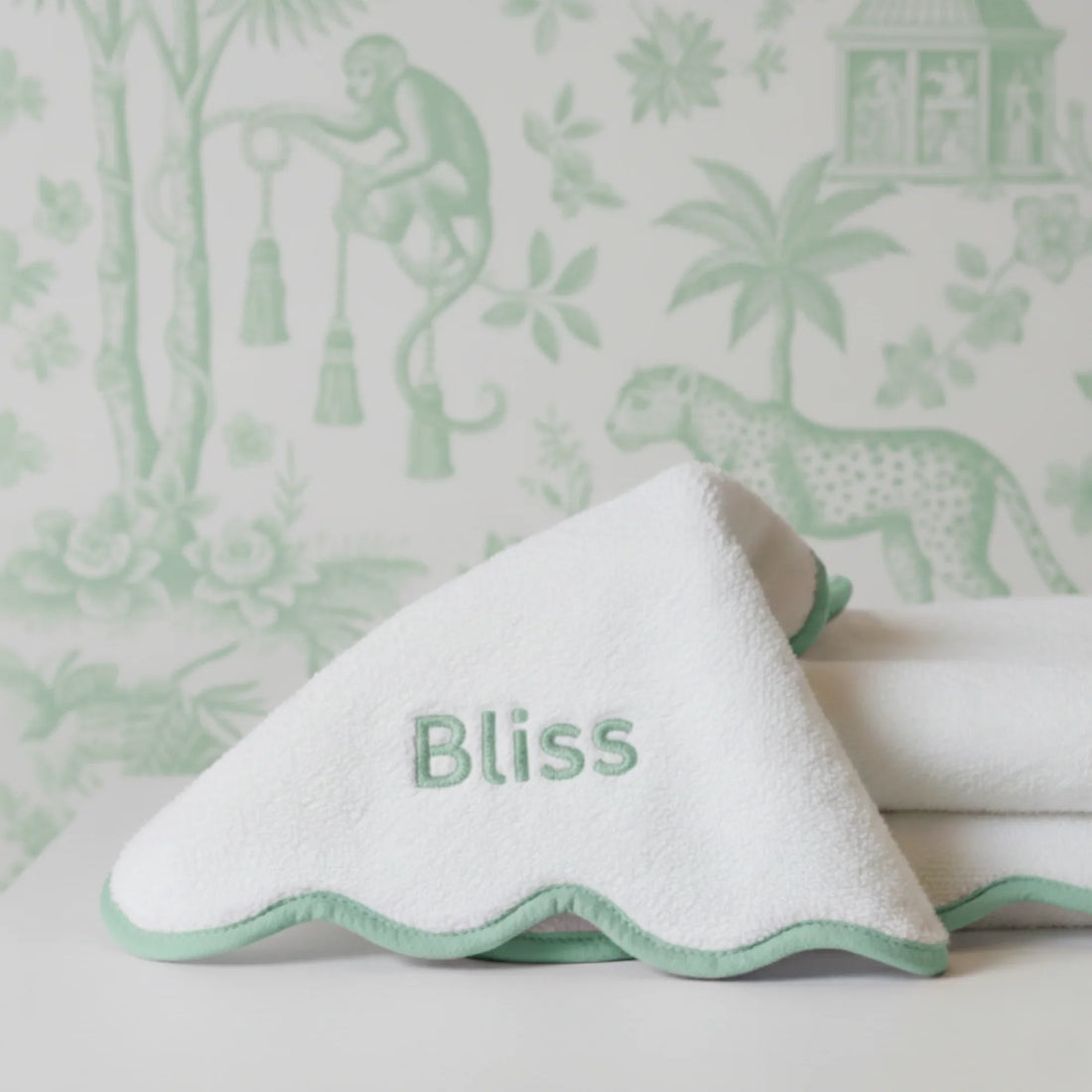Personalized luxury cotton hand towel with mint scallop piping for indulgent spa-quality comfort at home - Lotus Linen