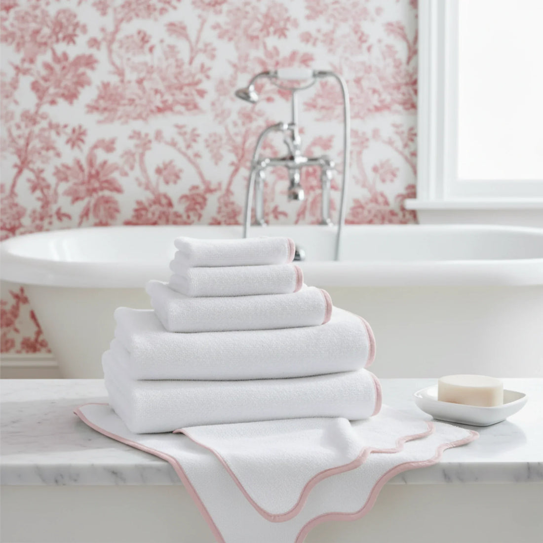 Luxurious white scallop piping bath sheet with soft pink trim for spa-quality comfort in your bathroom - Lotus Linen
