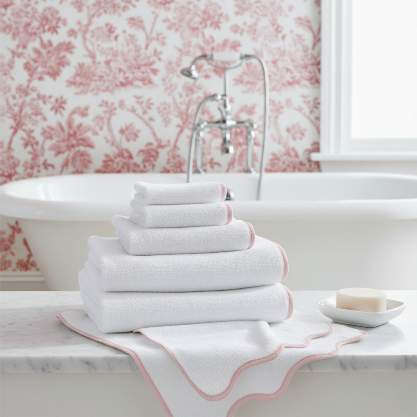 Stack of white luxury cotton hand towels with pink scallop piping for a pampering spa-quality bath experience - Lotus Linen
