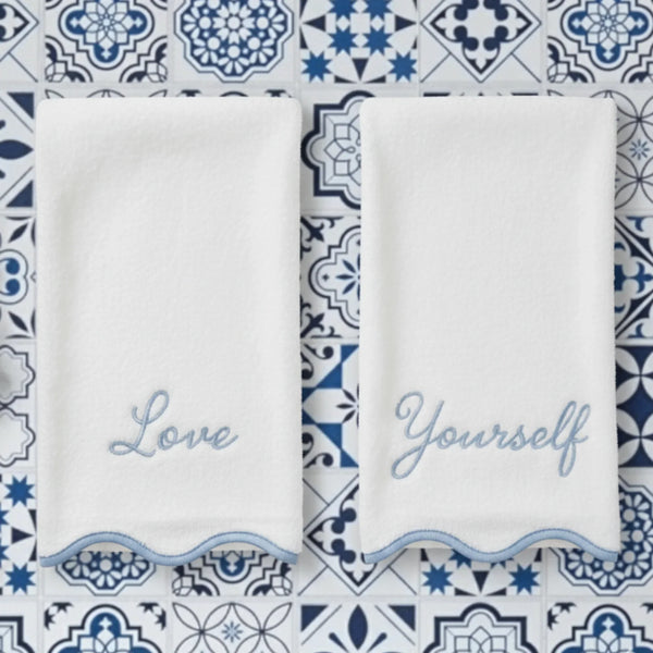 Luxury Cotton Hand Towels with Scallop Piping - Dispenza Blue Piping