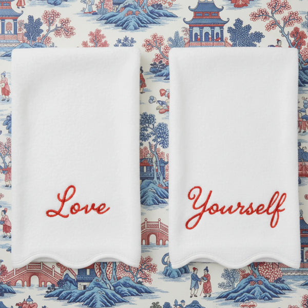 Luxury Cotton Hand Towels with Scallop Piping - White Piping