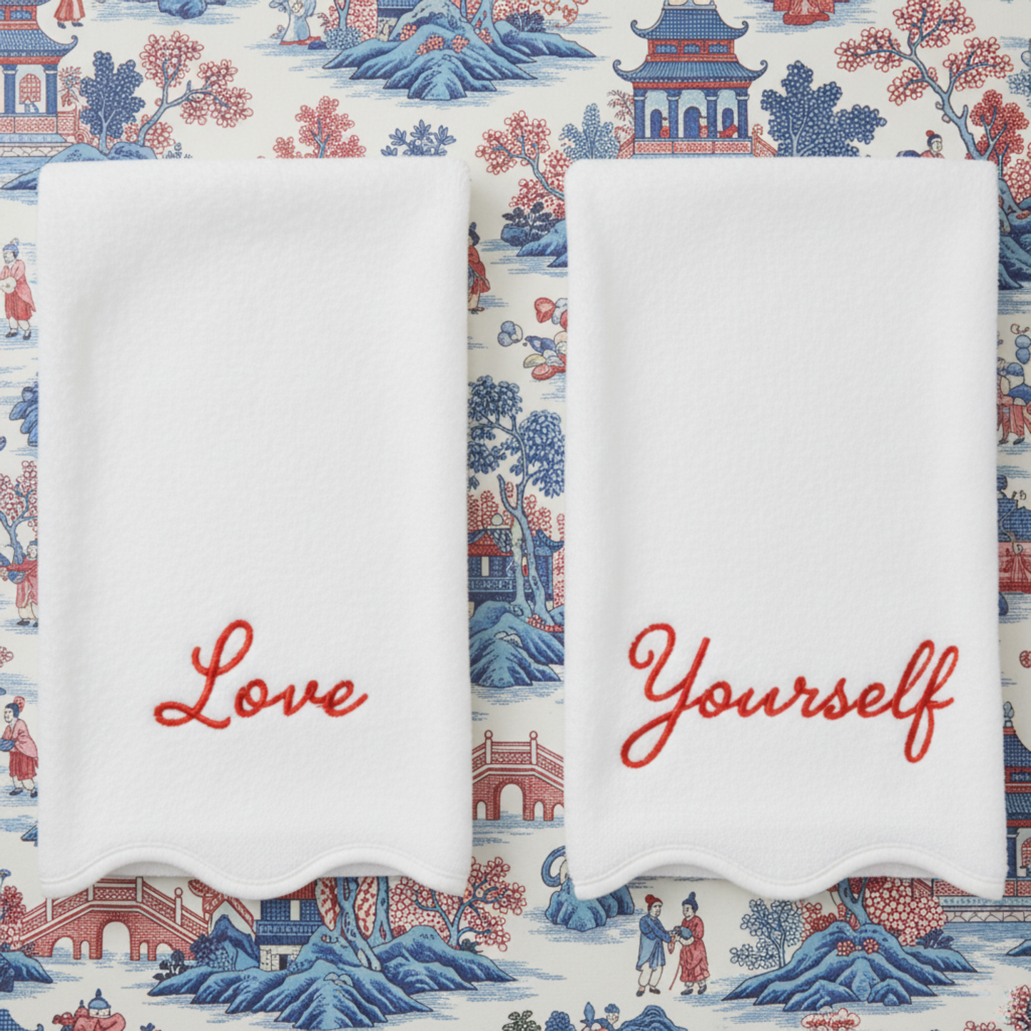 Self-care lovers' white scalloped cotton hand towels with red Love Yourself embroidery for everyday indulgence - Lotus Linen