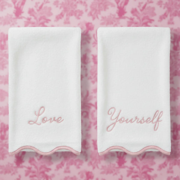 Luxury Cotton Hand Towels with Scallop Piping - Pink Piping