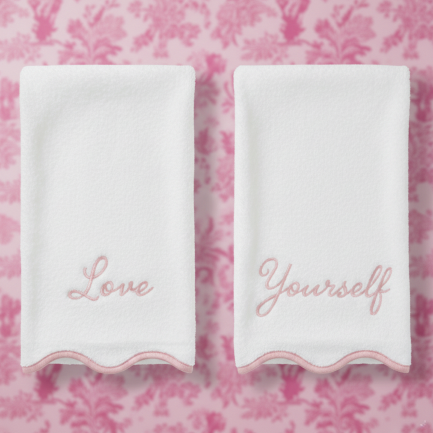 Women's luxury scallop-edge bath towel set in white with pink Love Yourself embroidery for everyday indulgence - Lotus Linen
