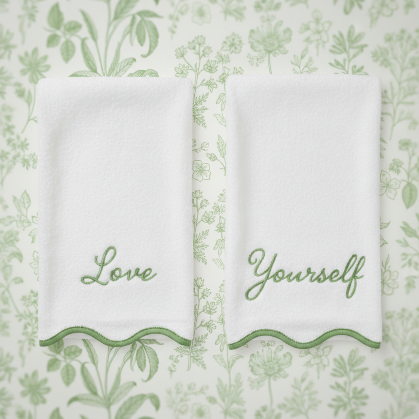 Self-care lovers' embroidered scallop bath towels in white with sage green detailing for everyday indulgence - Lotus Linen