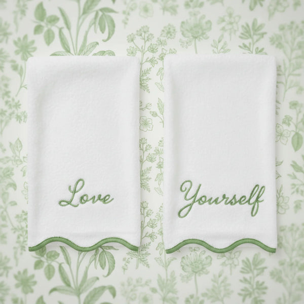 Luxury Cotton Hand Towels with Scallop Piping - Sage Piping