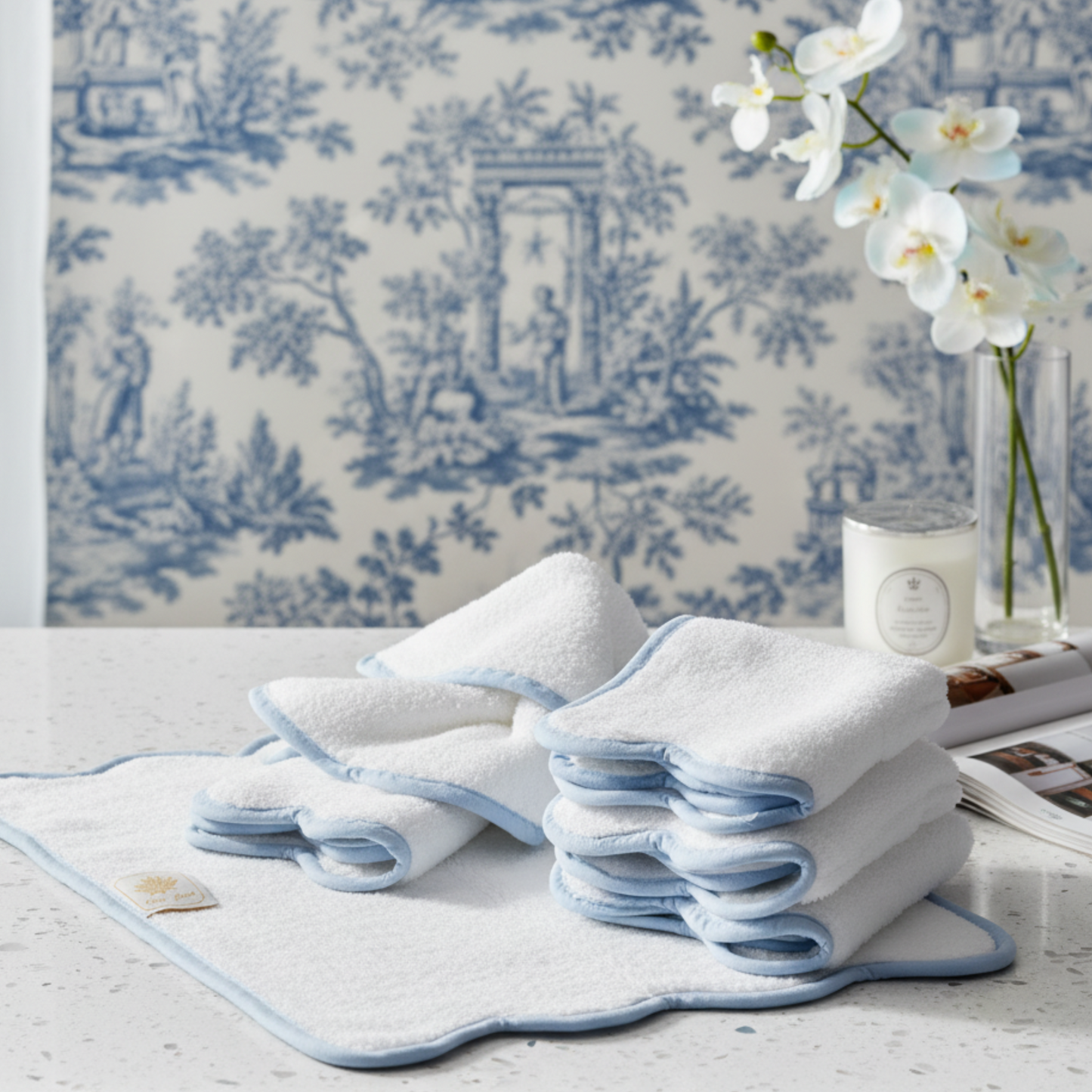 Spa-lovers' luxury cotton hand towels in white with soft blue scallop piping for everyday indulgence - Lotus Linen
