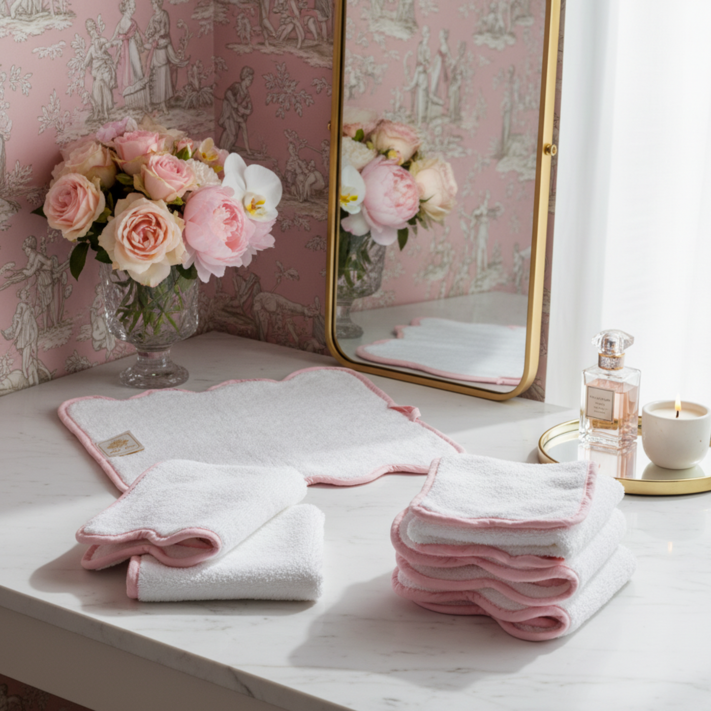 Pamper yourself with white scallop-edged cotton hand towels in soft pink trim for spa-quality comfort - Lotus Linen