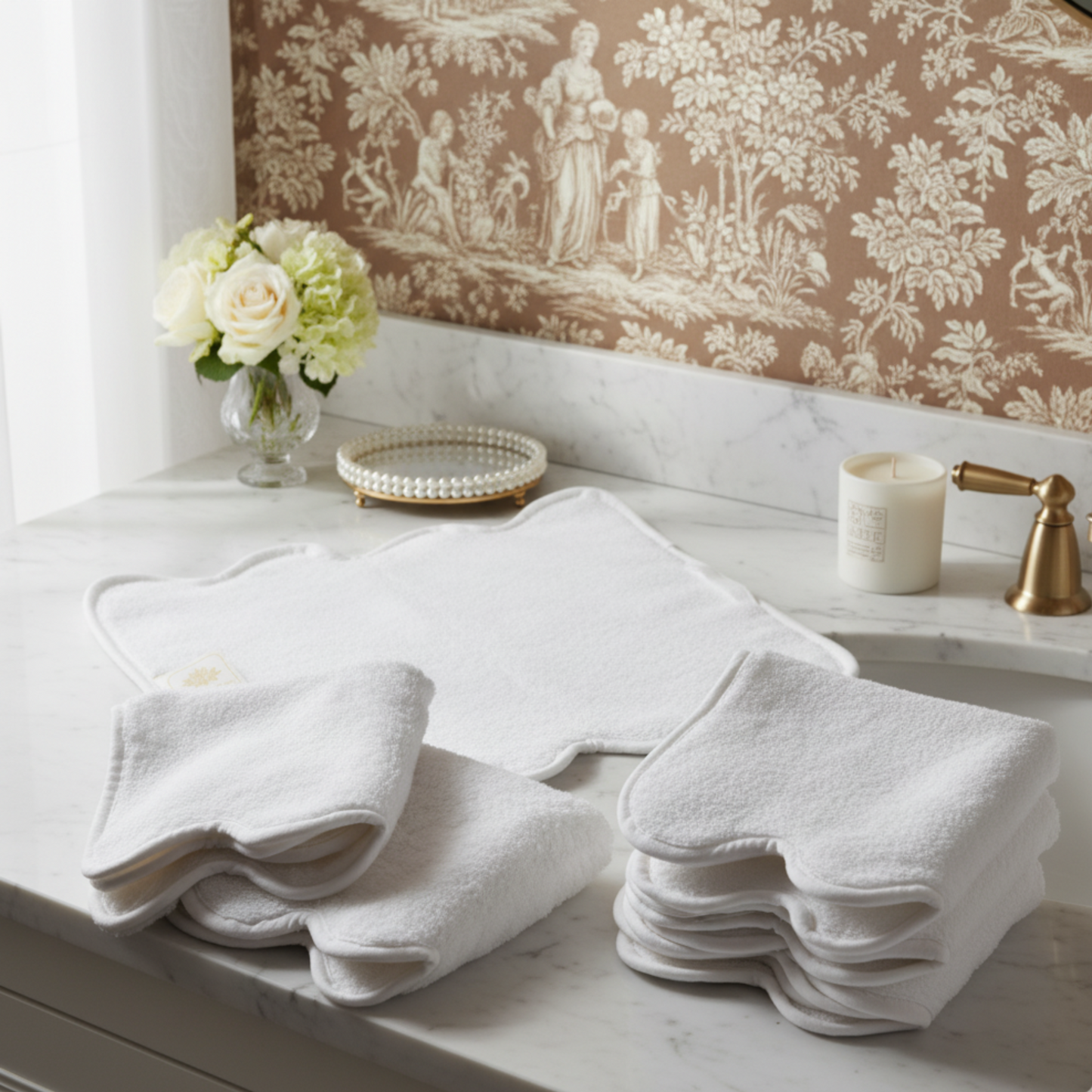 Stacks of white scallop-piped luxury cotton hand towels on marble vanity for spa-quality comfort at home - Lotus Linen