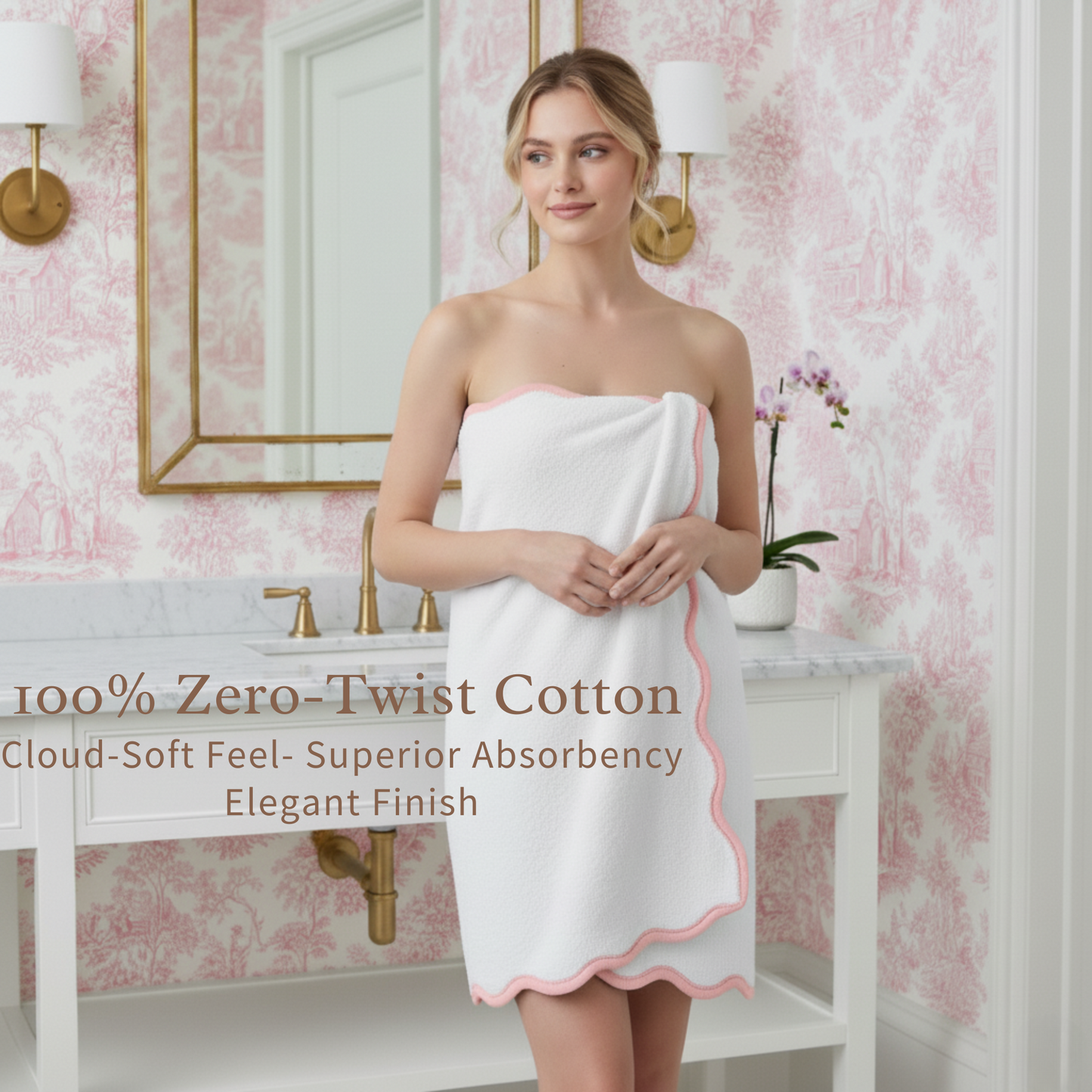 Woman wrapped in white scalloped bath sheet with pink trim enjoying cloud-soft cotton luxury after bathing - Lotus Linen
