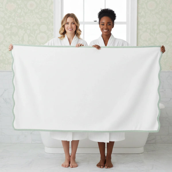Scallop Piping Bath Sheet – Oversized Bathroom Towel - Sage Piping
