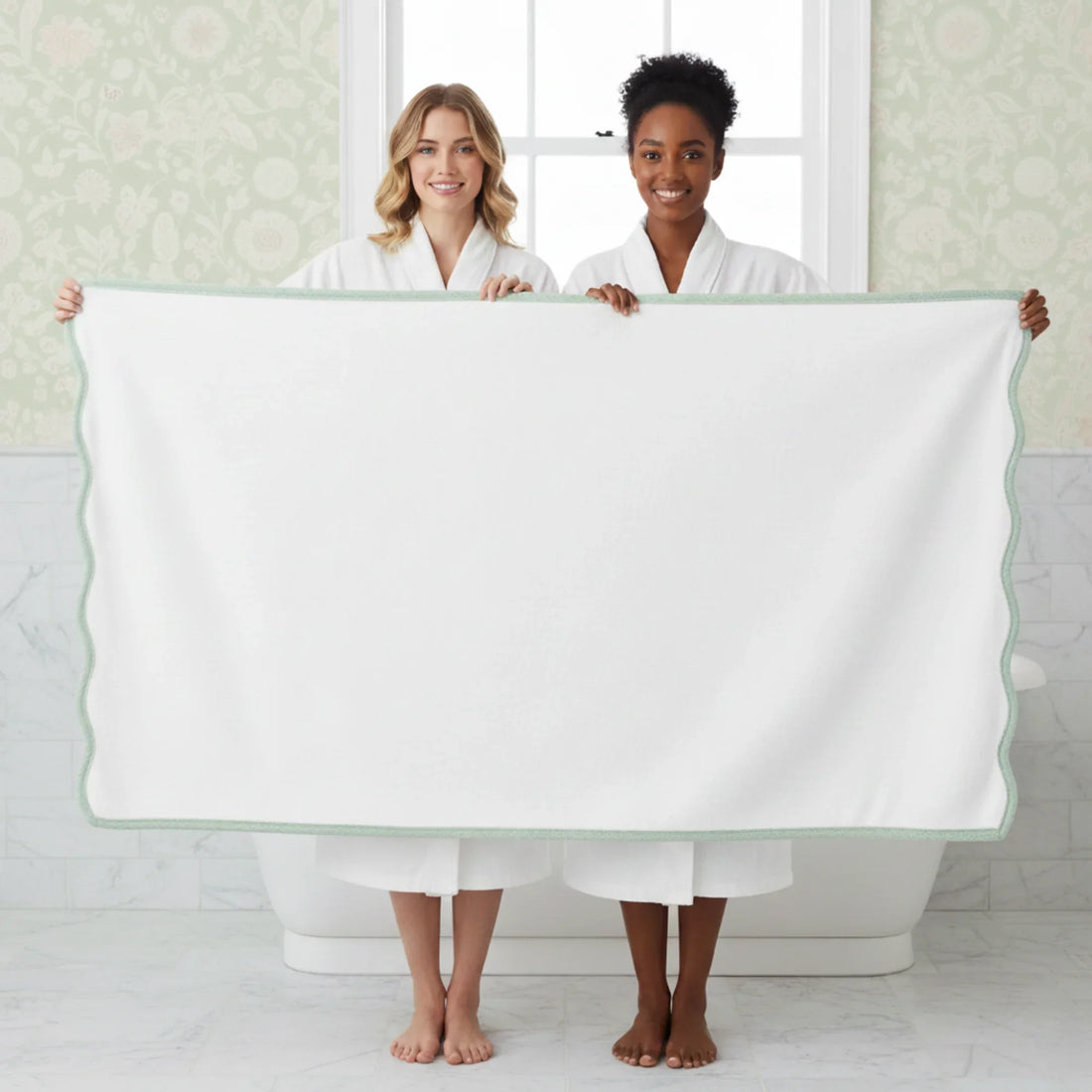 Two women in robes holding an oversized white bath sheet with sage scallop piping for luxurious spa-quality comfort - Lotus Linen