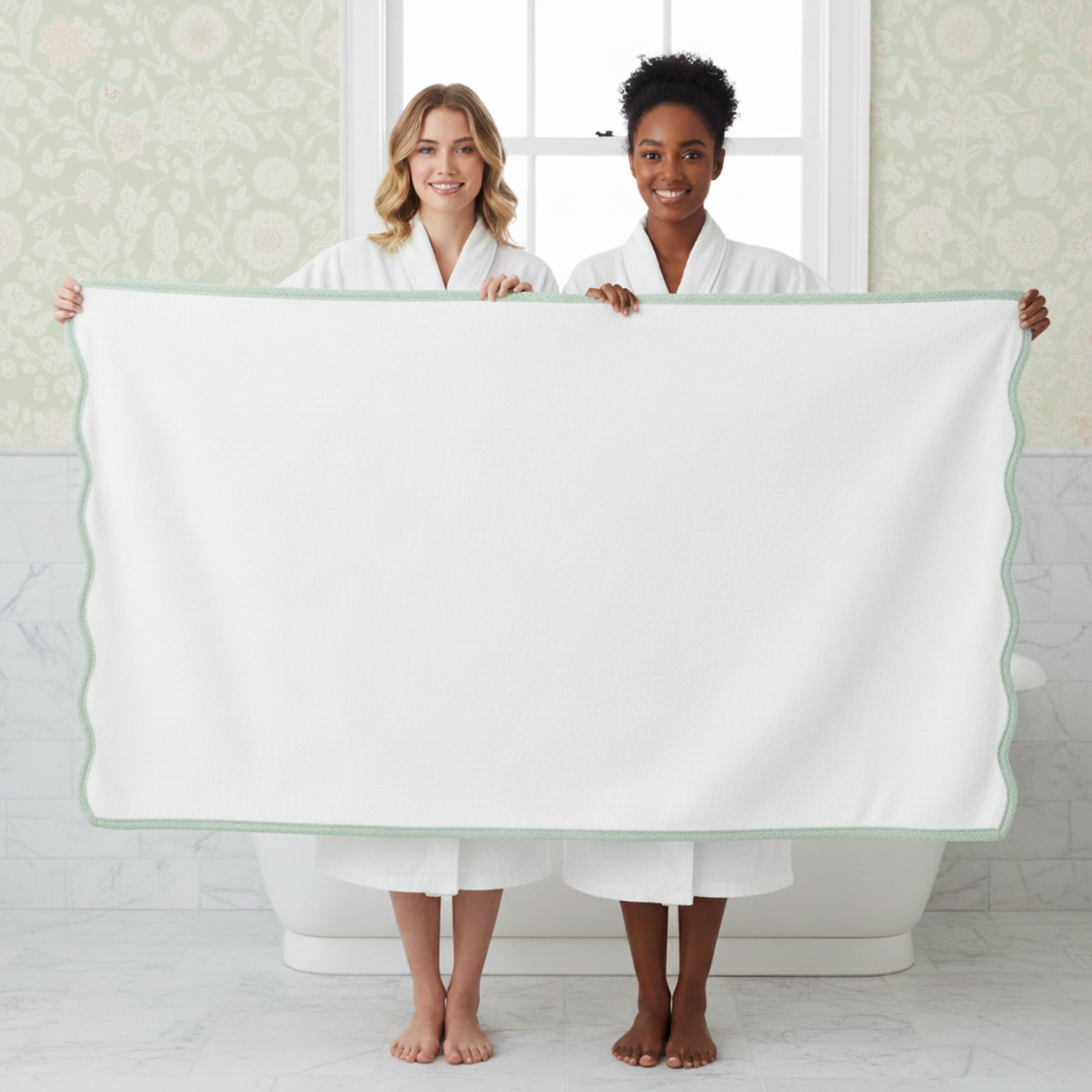Two women in robes holding an oversized white bath sheet with sage scallop piping for luxurious spa-quality comfort - Lotus Linen