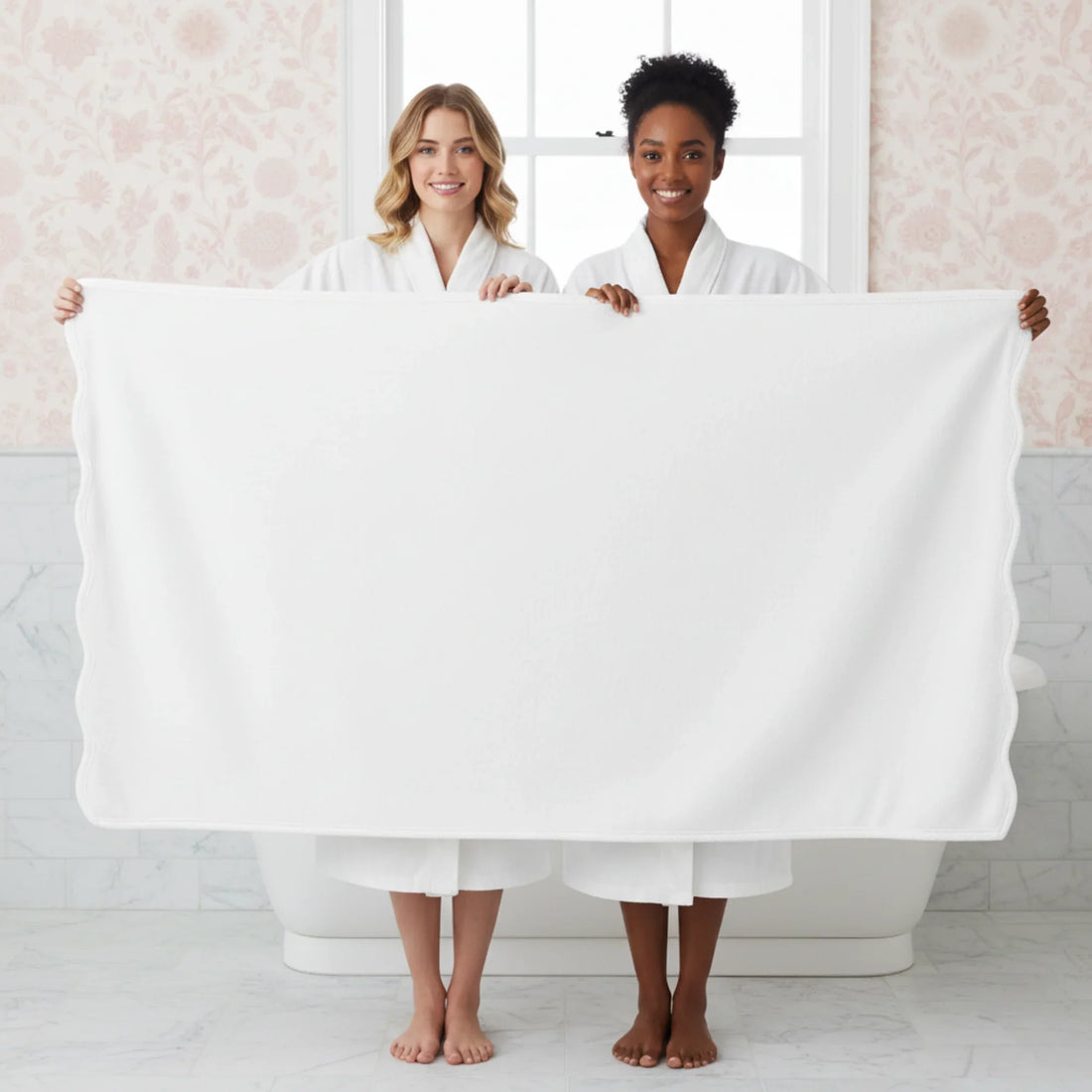 Two women in robes holding oversized white scallop piping bath sheet for luxurious spa-quality comfort at home - Lotus Linen