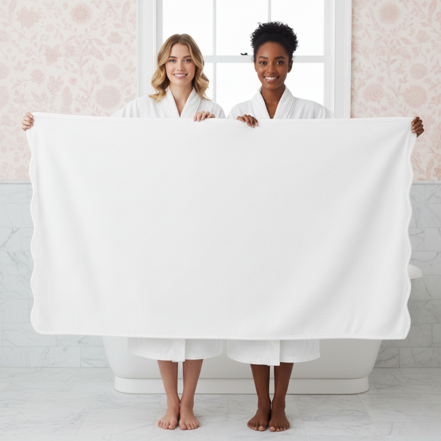 Two women in robes holding oversized white scallop piping bath sheet for luxurious spa-quality comfort at home - Lotus Linen