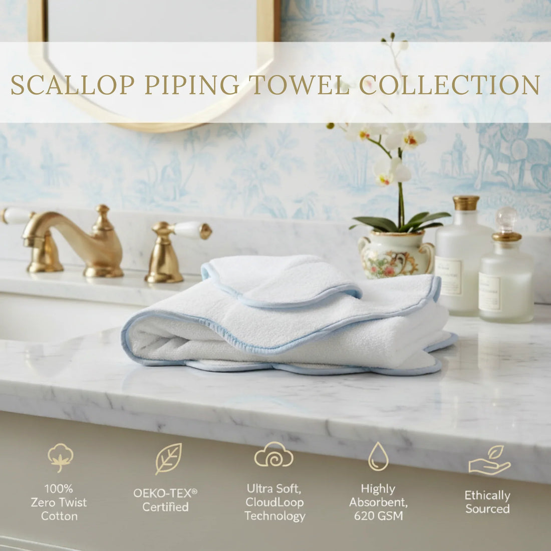 Luxury lover's oversized bath sheet in white with blue scallop piping for cloud-soft pampering - Lotus Linen