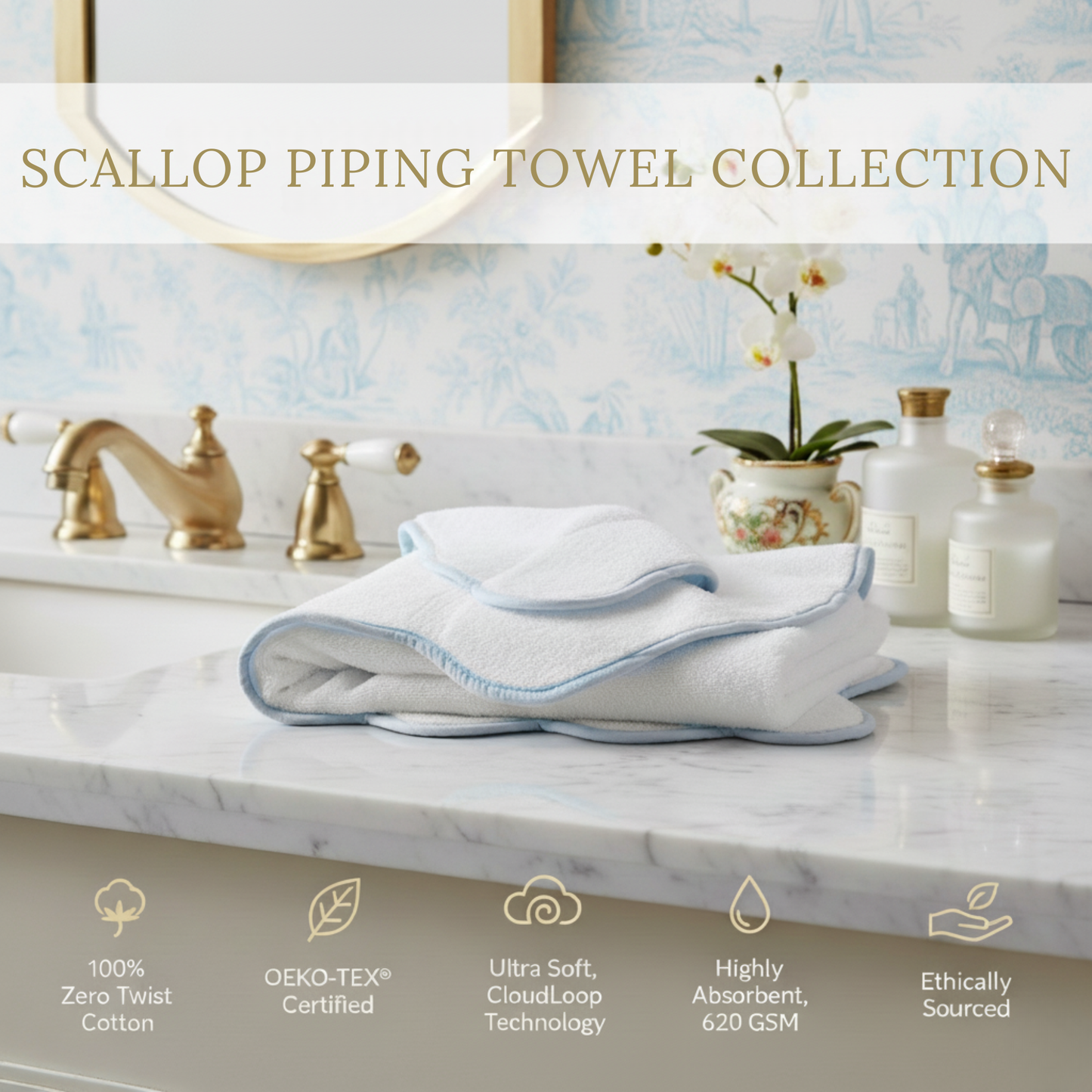Luxury lover's oversized bath sheet in white with blue scallop piping for cloud-soft pampering - Lotus Linen