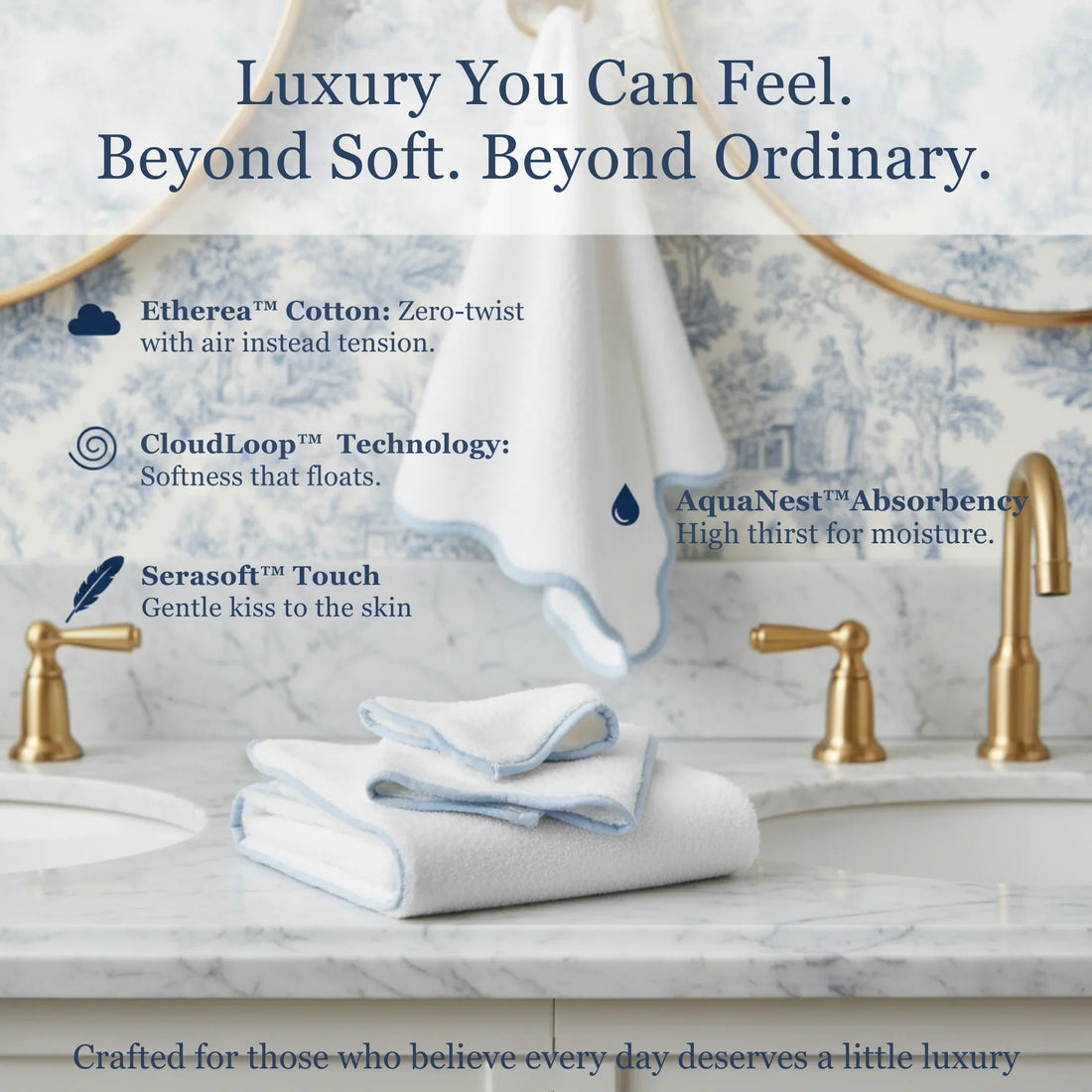 Luxury-lovers' zero-twist cotton washcloths in white with blue scallop piping for cloud-soft pampering - Lotus Linen