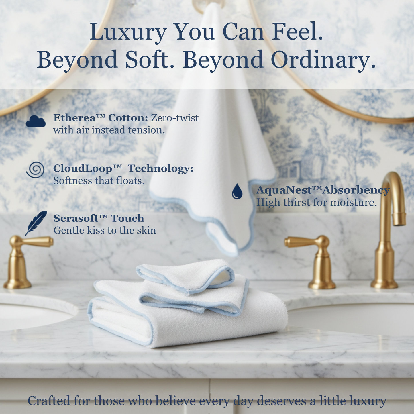 Luxury seekers' zero-twist cotton hand towels in white with blue scallop piping for cloud-soft pampering - Lotus Linen