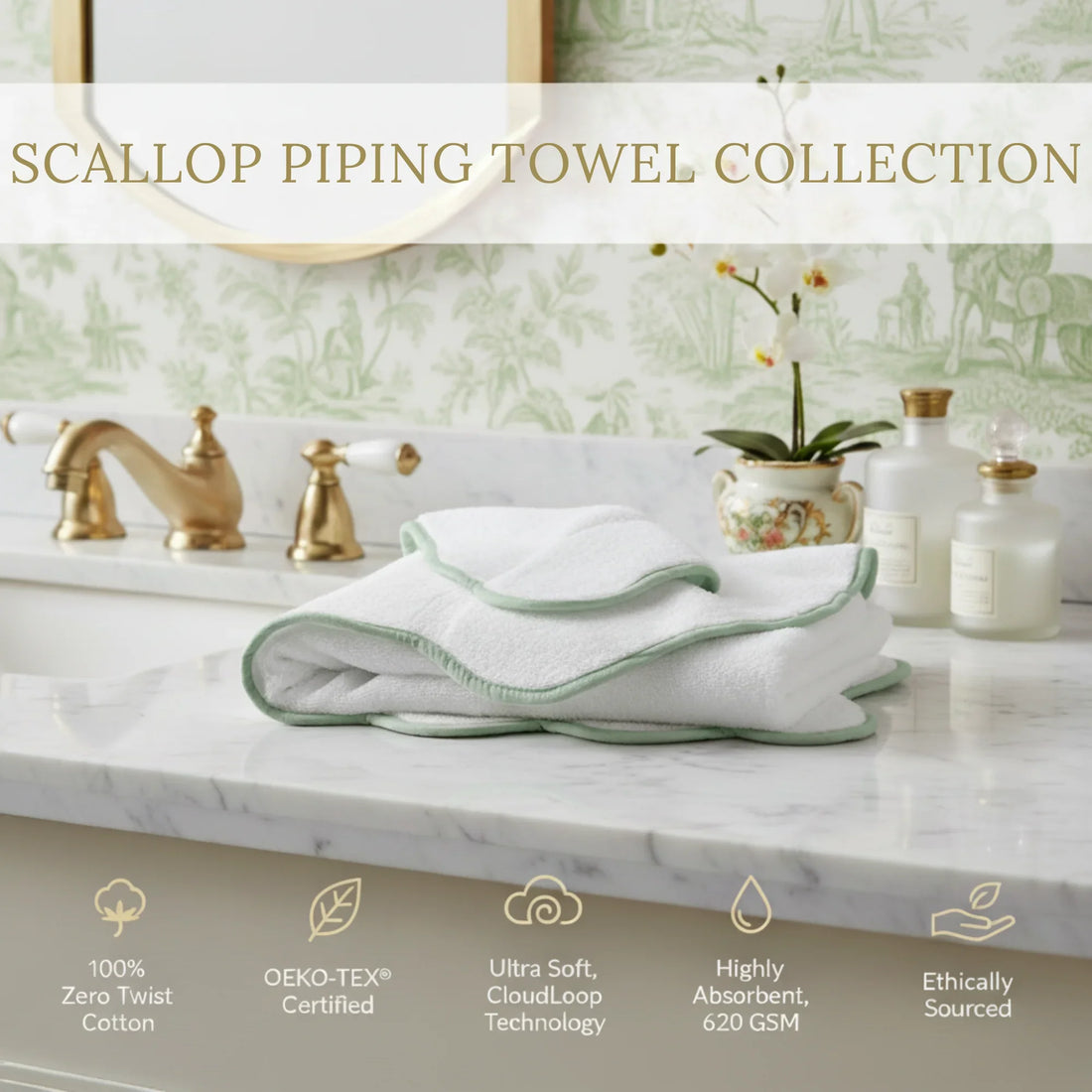 Luxury lovers' oversized bath sheet in white with sage scallop piping for spa-quality comfort - Lotus Linen
