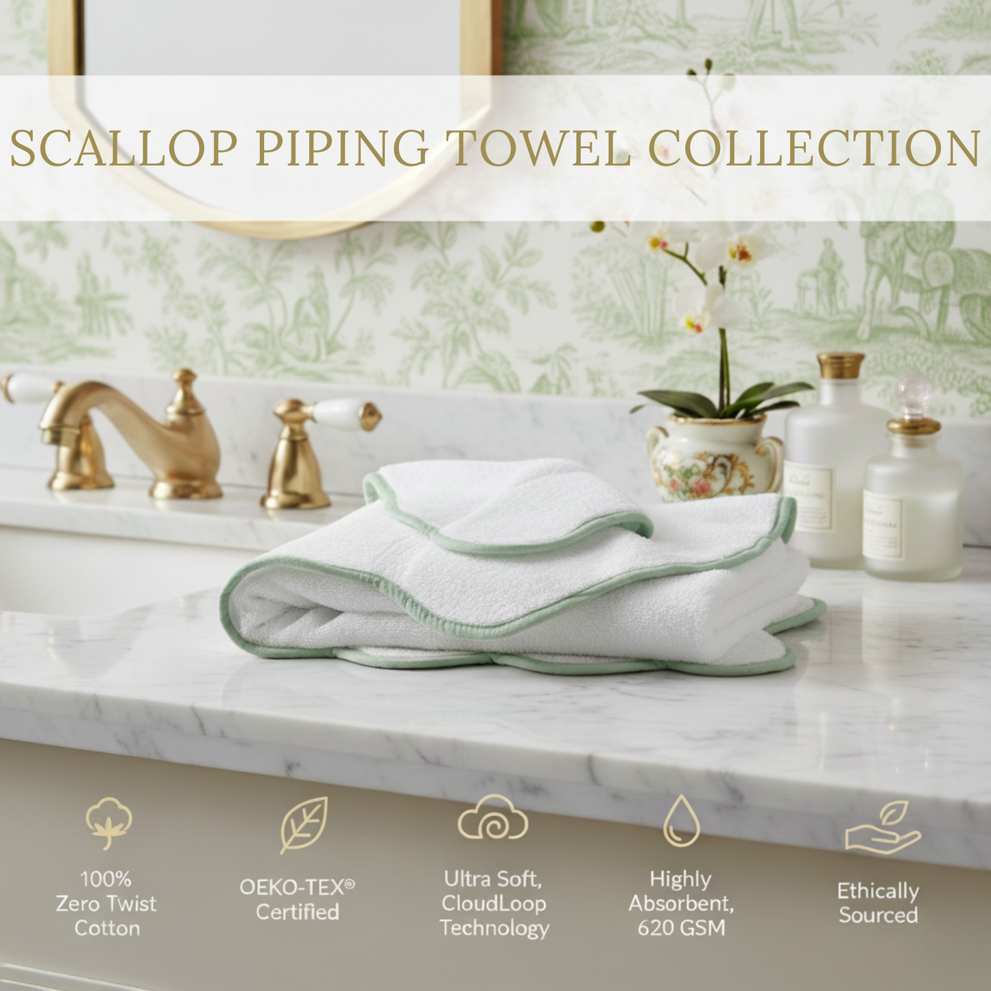 Luxury lovers' oversized bath sheet in white with sage scallop piping for spa-quality comfort - Lotus Linen