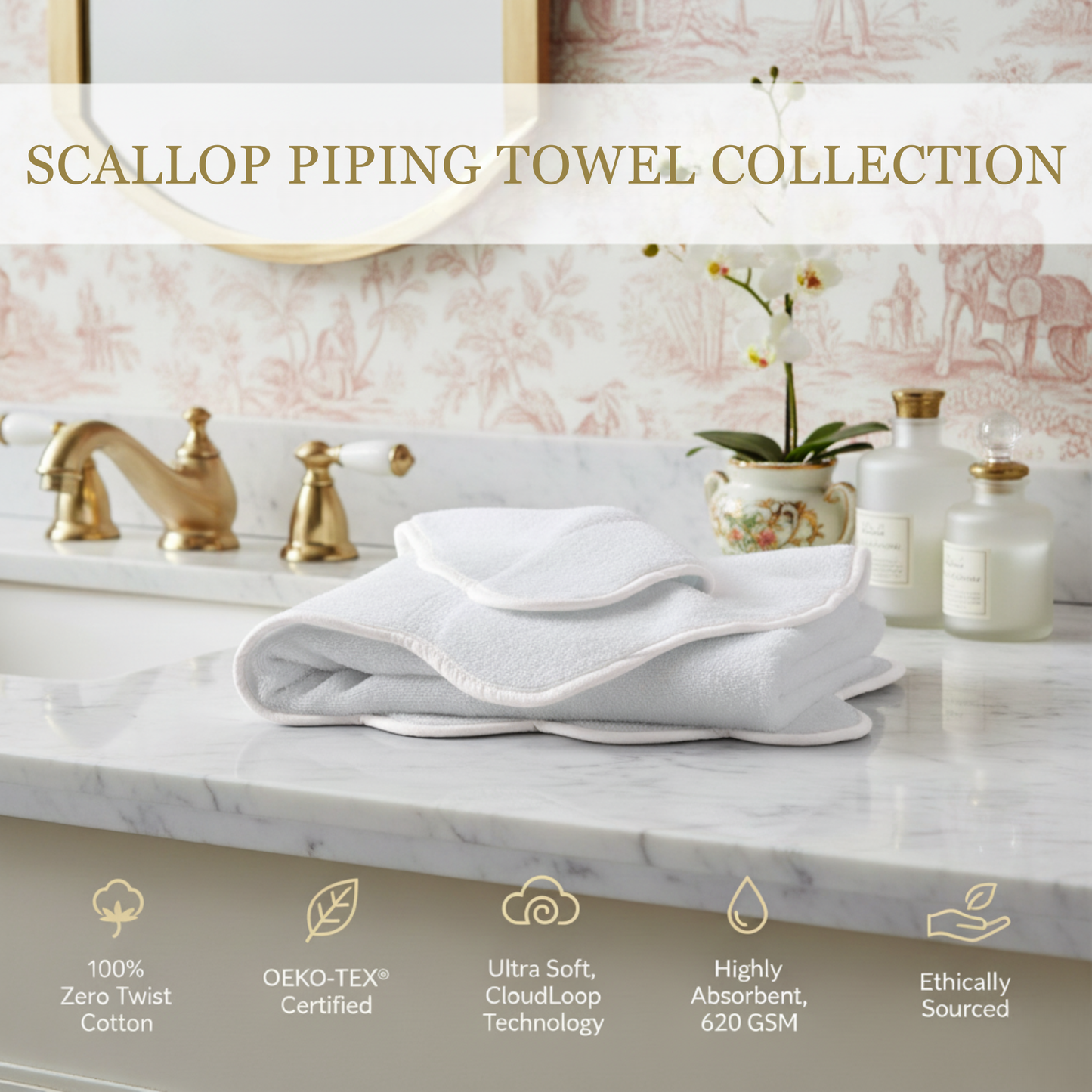 Spa-lovers' oversized bath sheet in crisp white with scallop piping for cloud-soft comfort - Lotus Linen