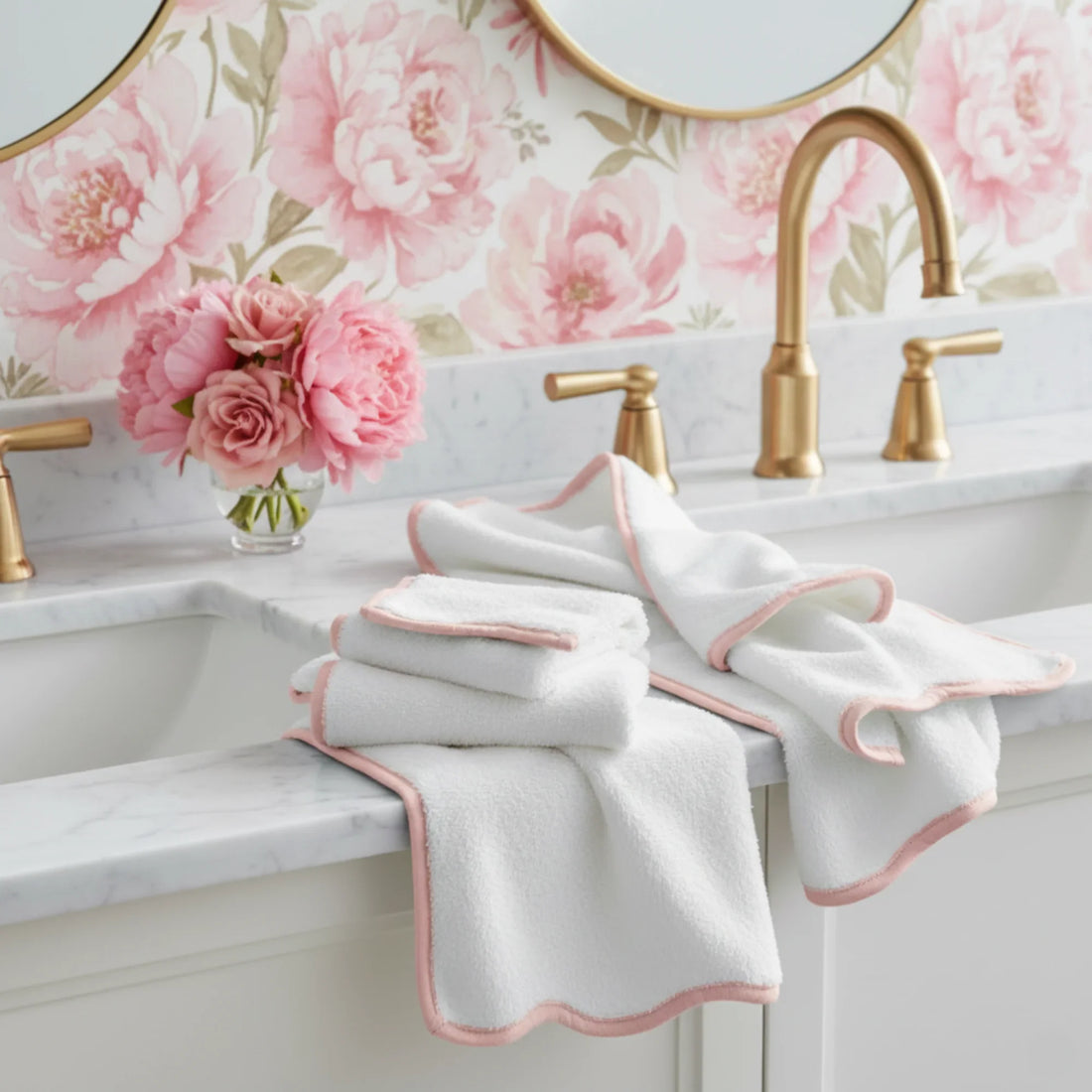Elegant white cotton hand towels with pink scallop piping for spa-quality comfort in your bathroom - Lotus Linen