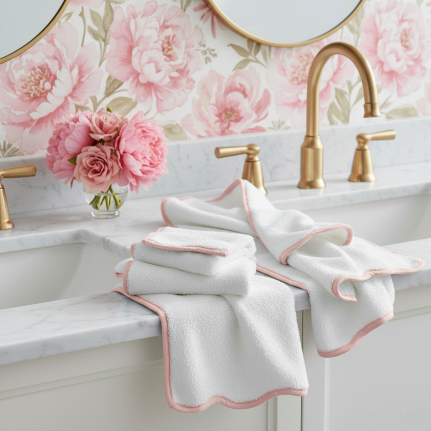 Elegant white cotton hand towels with pink scallop piping for spa-quality comfort in your bathroom - Lotus Linen
