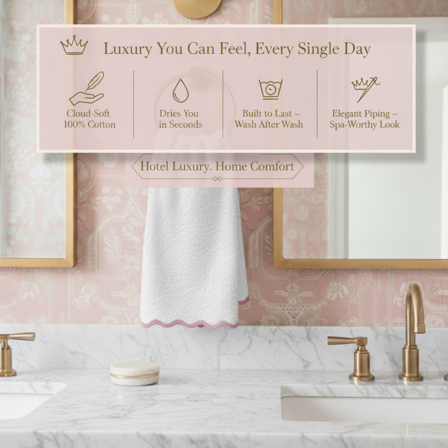 Luxury-loving women's scallop piping cotton bath mat in soft white with pink trim for cloud-soft spa comfort - Lotus Linen