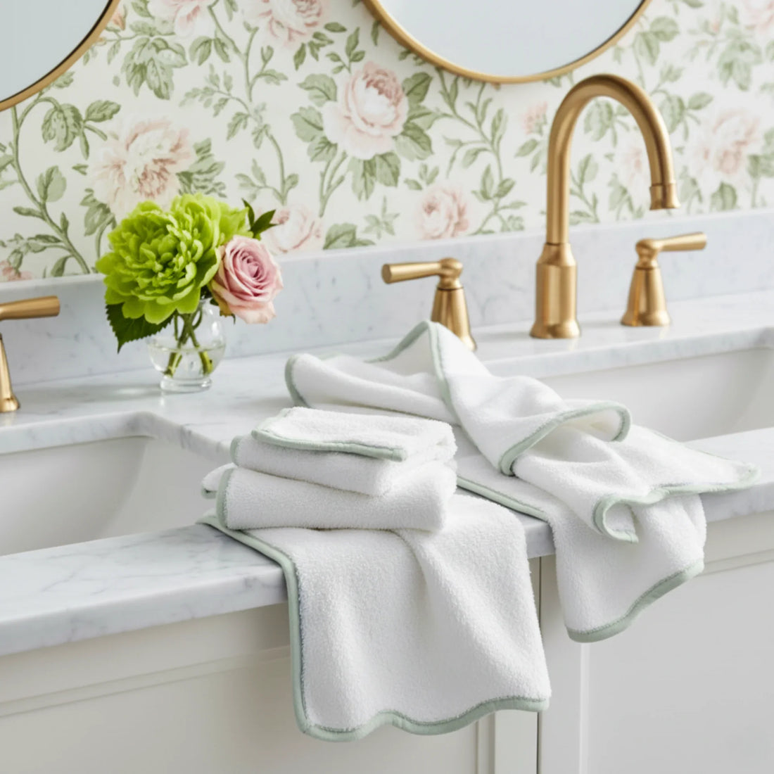White scallop-edge bath towels with sage piping for the style-conscious home, effortless elegance meets spa-quality comfort - Lotus Linen