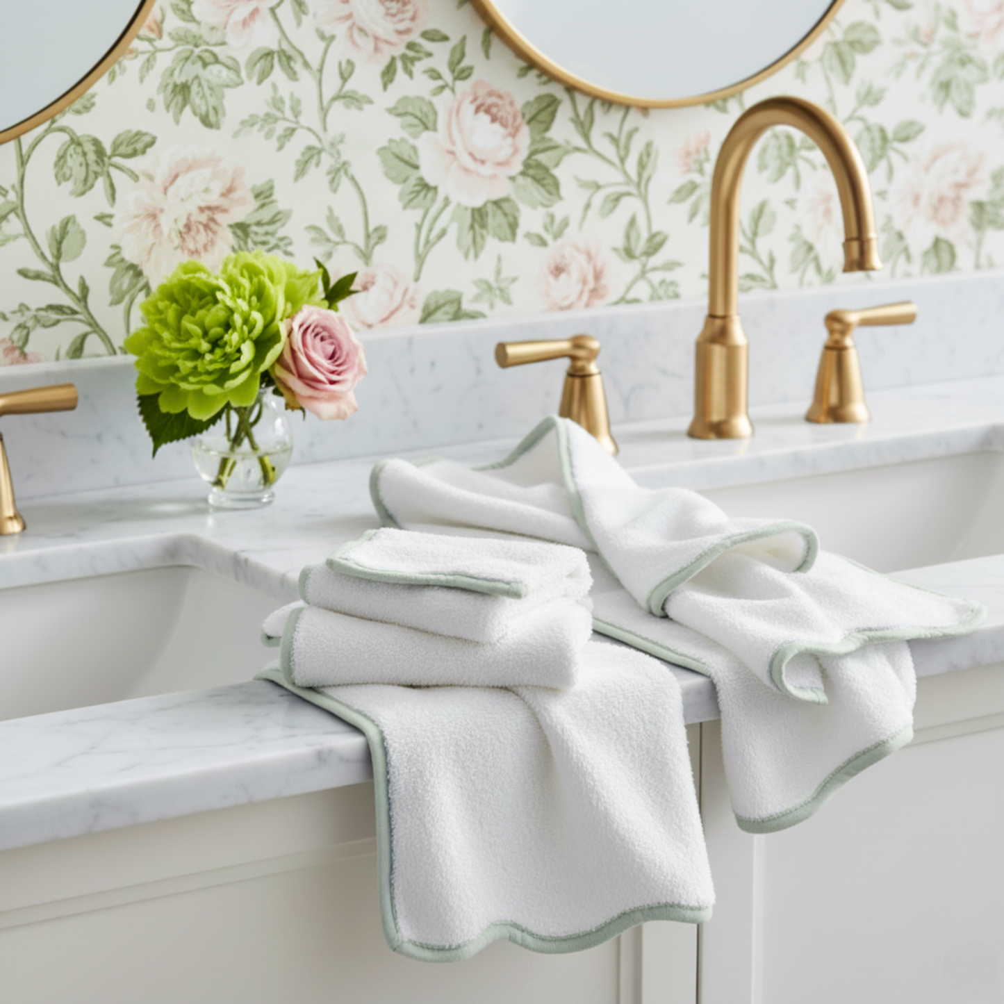 White scallop-edge bath towel set with sage piping draped on marble vanity for spa-quality comfort at home - Lotus Linen