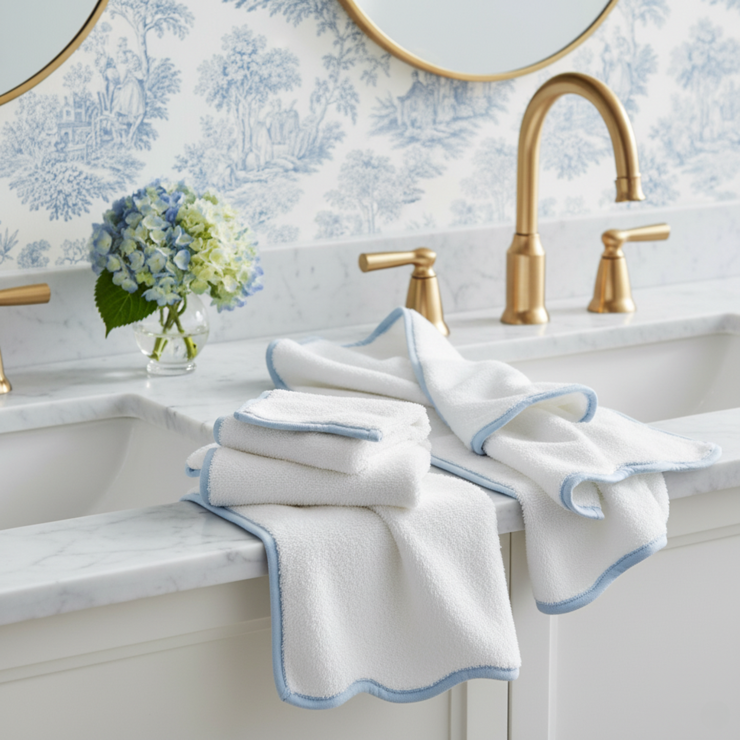 Spa-loving homeowners' white scallop-piped cotton hand towels in soft blue trim for effortless elegance - Lotus Linen