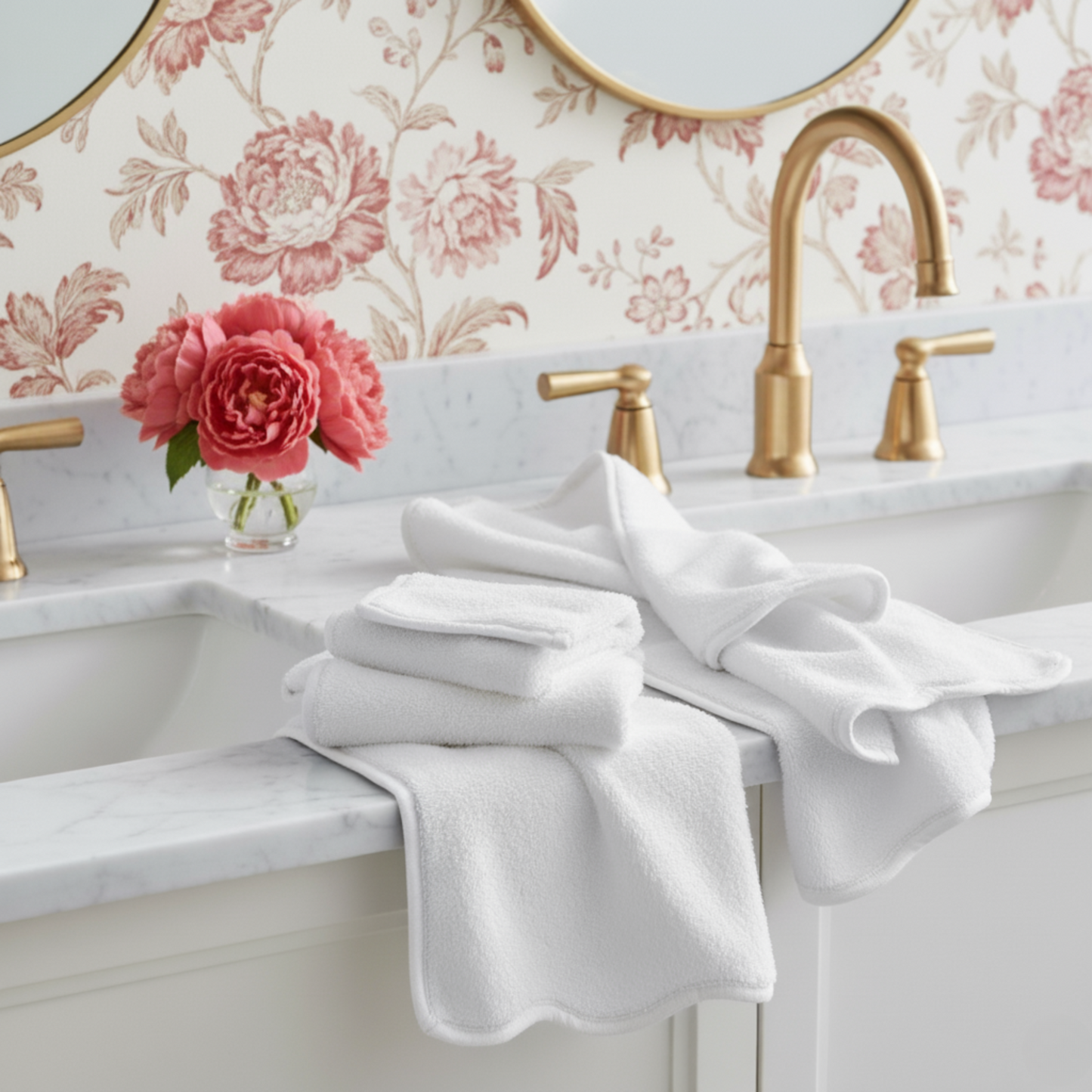 Spa-loving homeowners' 6-piece scallop piping bath towel set in crisp white for indulgent softness - Lotus Linen