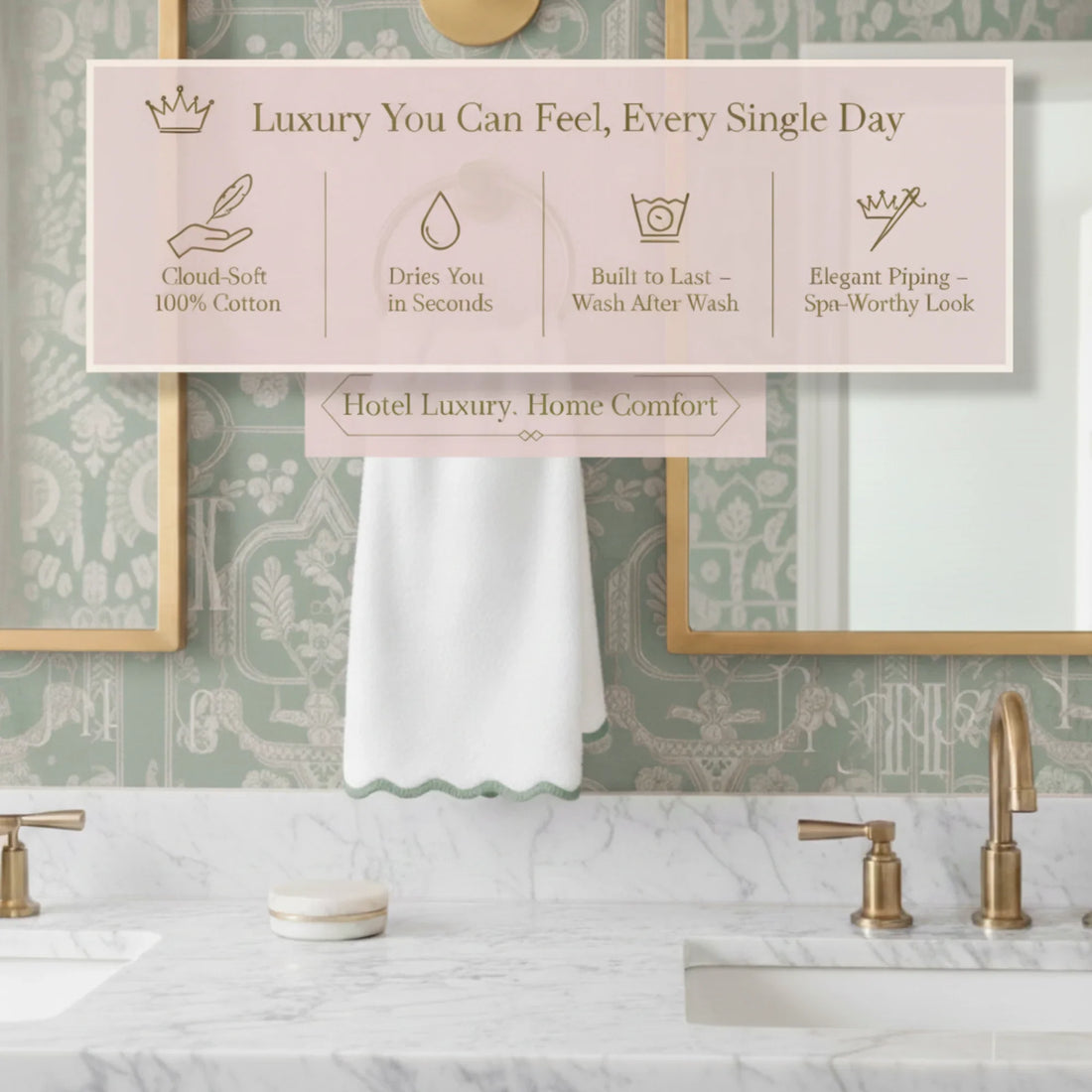 White scallop-edge cotton bath mat with green piping for home spa lovers seeking cloud-soft, lasting comfort - Lotus Linen