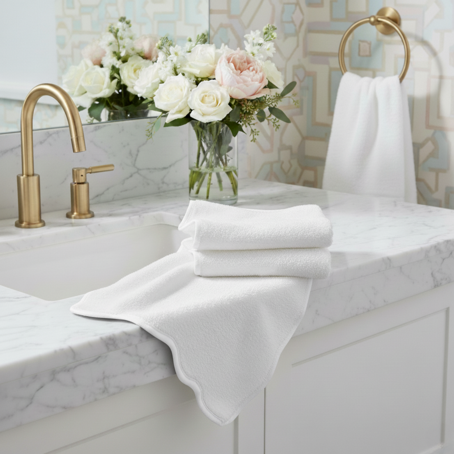 White scallop piping bath towels stacked on marble countertop for spa-quality comfort at home - Lotus Linen