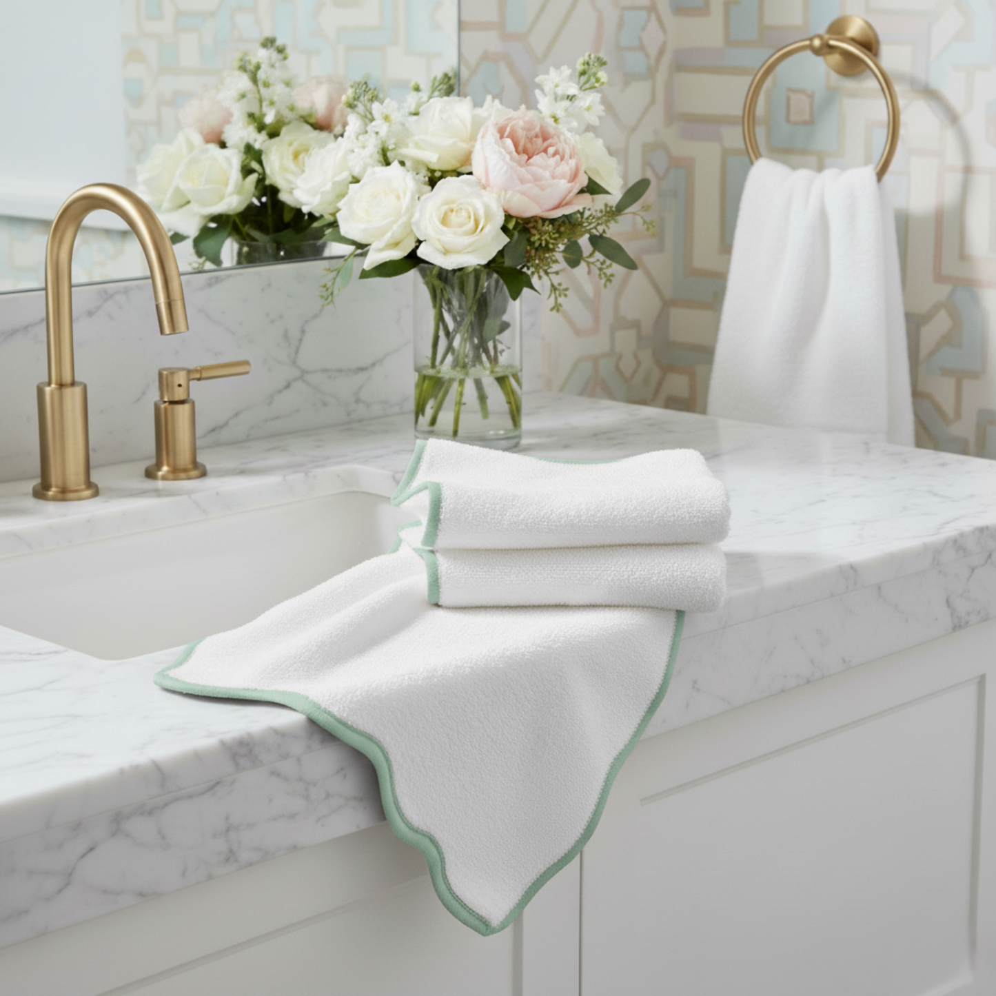 Elegant white scallop-piped cotton hand towels with sage trim for spa-quality comfort in your bathroom - Lotus Linen
