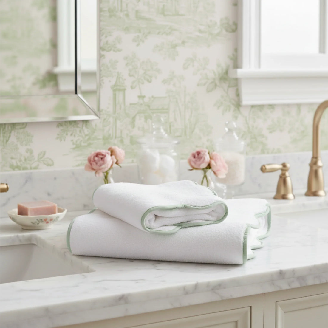 Oversized white scallop piping bath sheet with sage trim on marble countertop for spa-quality comfort at home - Lotus Linen
