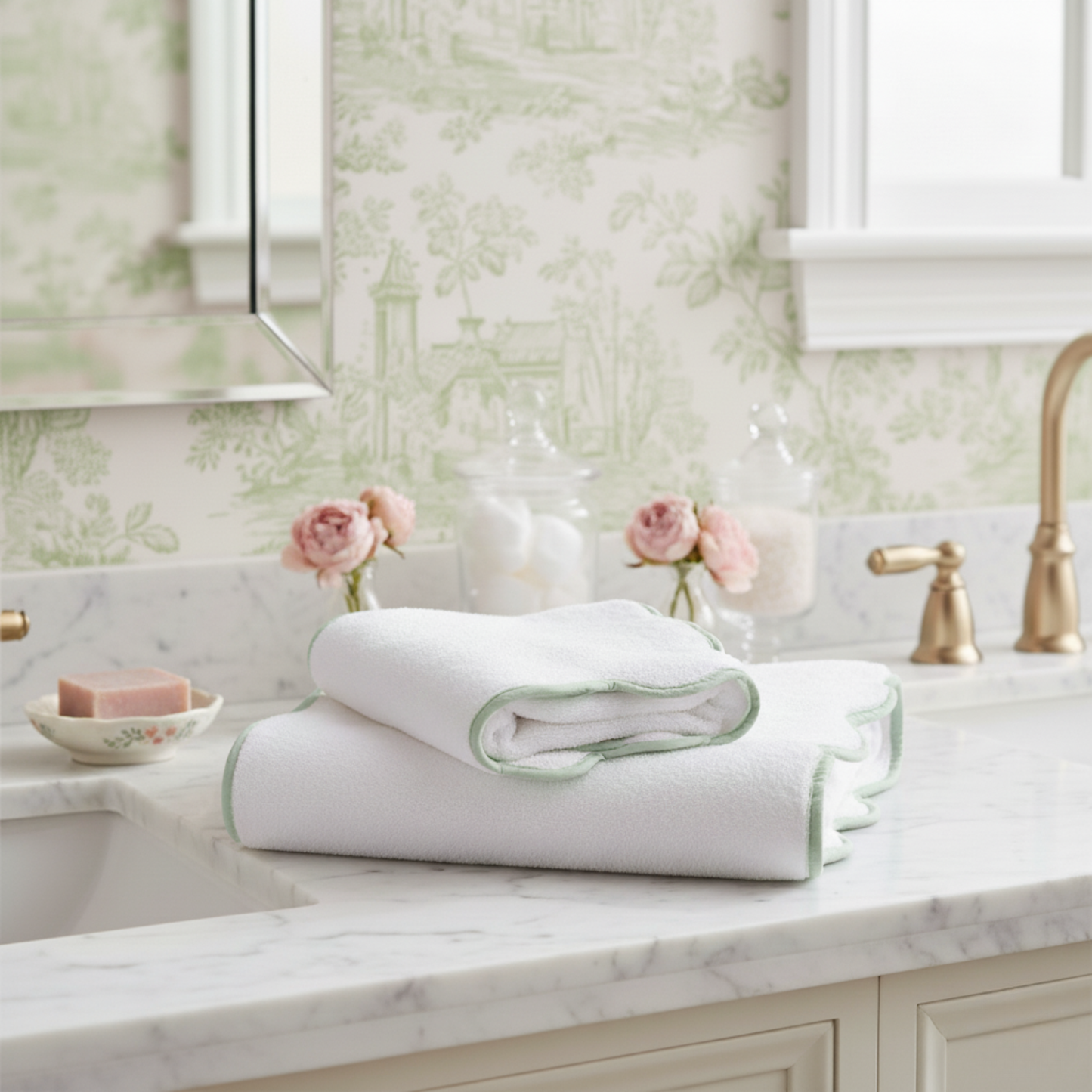 Oversized white scallop piping bath sheet with sage trim on marble countertop for spa-quality comfort at home - Lotus Linen