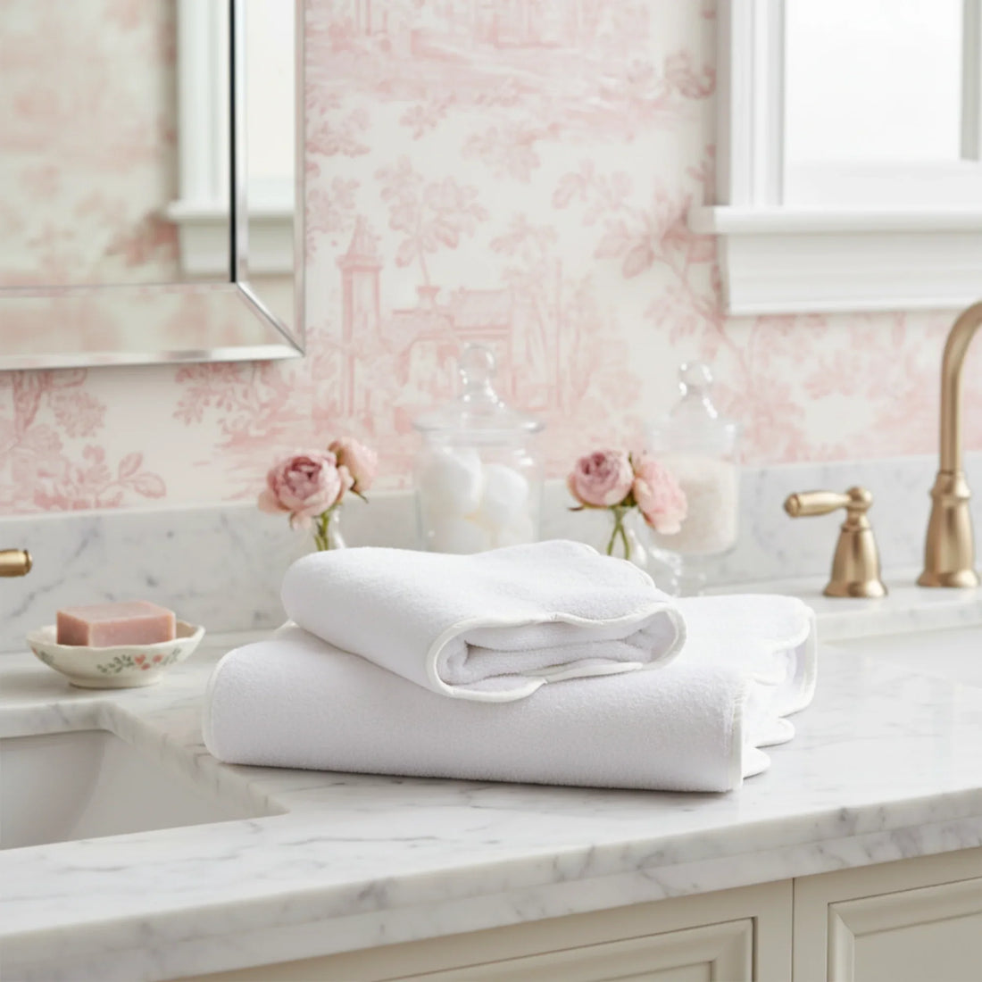 Oversized white scallop piping bath sheet folded on marble countertop for everyday spa-quality comfort - Lotus Linen