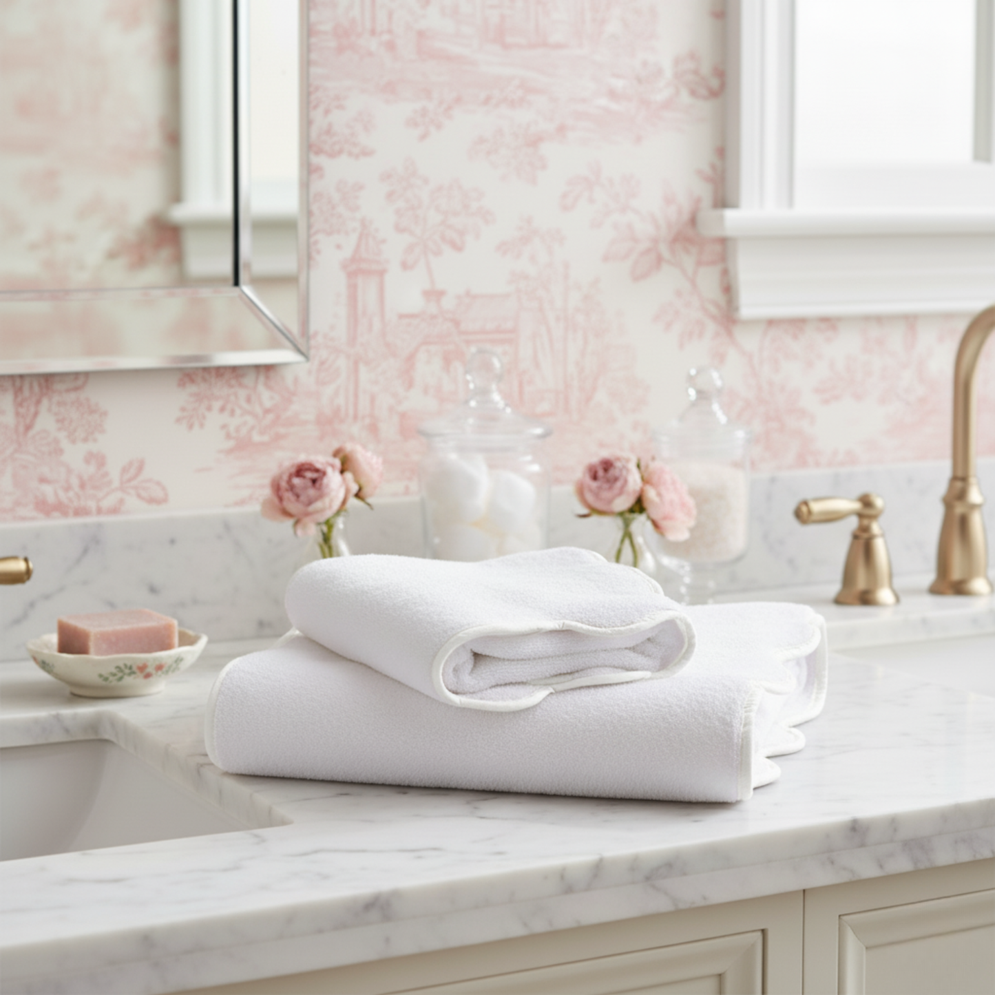Oversized white scallop piping bath sheet folded on marble countertop for everyday spa-quality comfort - Lotus Linen