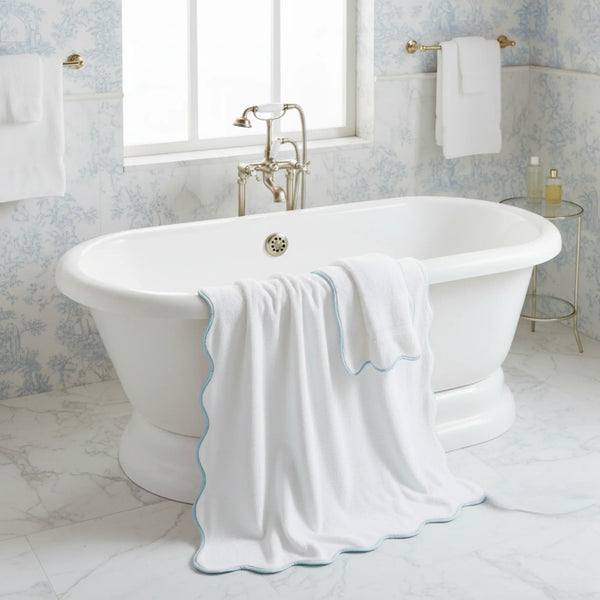 Scallop Piping Bath Sheet – Oversized Bathroom Towel - Dispenza Blue Piping